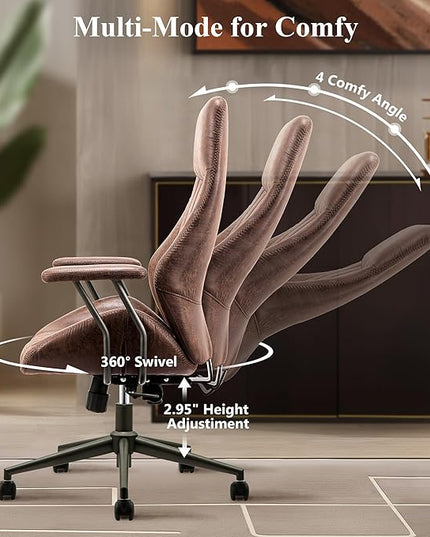 Mid Century Modren Office Chair,High Back Ergonomic Executive Chair with Lumbar Support, Computer Desk Swivel Task Chair with Wheels, Faux Lether Suede Fabric Home Chair (Dark Brown)
