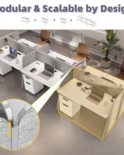 SAINTCY 4-Person Modular Desk Workstation with Privacy Walls & Integrated Power | Includes Mobile Drawer Cabinets | Space-Saving Layout for Startups & Modern Offices (Silver, 2 Desk for 4 Person)