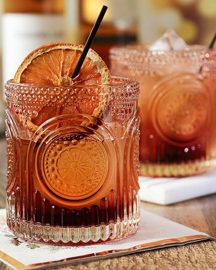 Ribbed Retro Arch Floral Rose Gold Drinking Glasses Set of 6, (10 oz) Vintage Glassware Set by Kate Aspen| Cocktail Glass Set, Juice Glass, Water Cups | Great Hostess Gift & Gift for New Home Owners