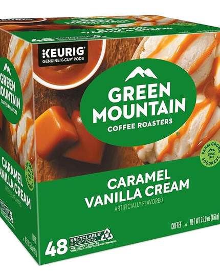 Green Mountain Coffee Roasters Caramel Vanilla Cream, Single-Serve Keurig K-Cup Pods, Flavored Light Roast Coffee Pods, 48 Count
