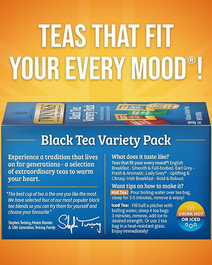 Twinings Variety Pack Black Tea Bags, 20 Count (Pack of 1), Includes English Breakfast, Earl Grey, Irish Breakfast, and Lady Grey, Caffeinated, Enjoy Hot or Iced, 20 Teabags