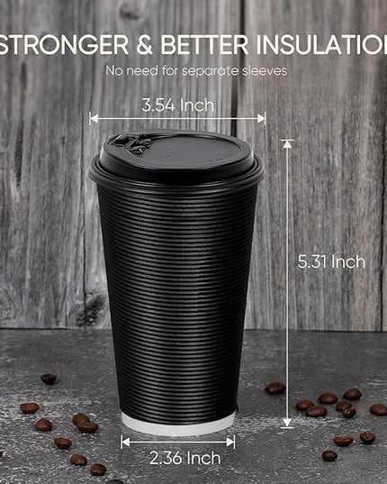 Coolcap 100 Pack 16 oz Disposable Coffee Cups with Lids and Straws, Insulated Ripple Wall To Go Paper Corrugated Cups, Bulk for Hot/Cold Drinks, Cafe Bar, Office, Chocolate, Cocoa (Black)