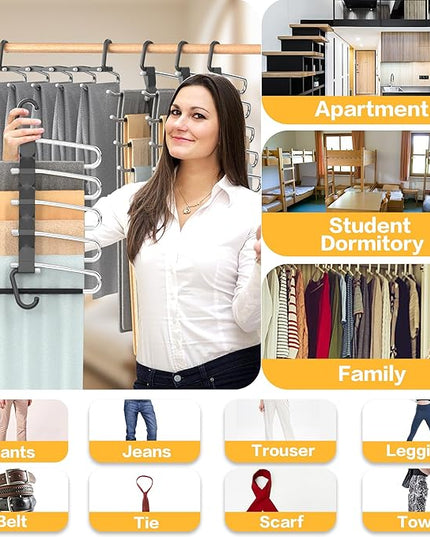 Pants Hangers Space Saving - 2 Pack Closet Organizer and Storage Jean Hangers, Stainless Steel Anti-Slip Clothes Hanger Scarf Holder for Pants Jeans Leggings Trousers Pant Rack, Black