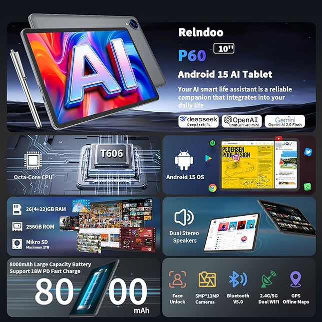 Relndoo Android Tablet, 10.1 inch Android 15 Tablet with Keyboard, 24GB+256GB+2TB Expandable, 2 in 1 Tablets with Keyboard Case Mouse Stylus, Gemini AI, 8-core, 8000mAh, 5G WiFi, GMS,GPS (Silver)
