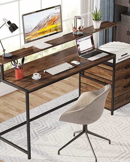 Tribesigns 63 Inch Computer Desk with File Drawer Cabinet, Ergonomic Office Desk with Monitor Stand, Industrial Computer Table with Printer Space, Wood PC Table Workstation Desk for Home Office