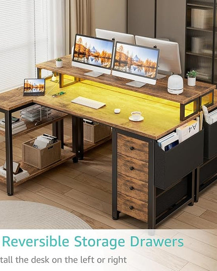 Lufeiya L Shaped Gaming Desk with Led Lights and Power Outlets, 47 Inch Corner Home Office Desk with Monitor Stand Shelves, Writing Study Computer Desks with Fabric Drawers for Bedroom, Rustic Brown