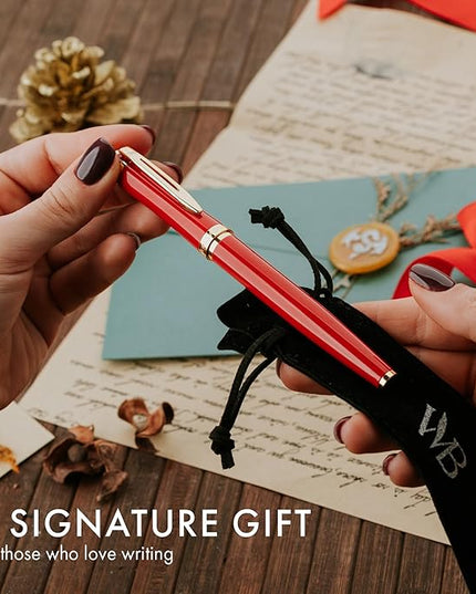 Wordsworth & Black Fountain Pen Set, 18K Gilded Medium Nib, Includes 24 Pack Ink Cartridges, Ink Refill Converter & Gift Pouch, Gold Finish, Calligraphy, [Crimson Red], Perfect for Men & Women