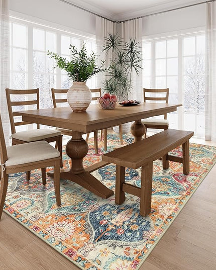 Lahome Moroccan 5x8 Area Rug, Ultra-Thin Washable Rugs for Living Room Bedroom, Soft Large Oriental Non-Slip Non Shedding Throw Large Carpet for Dining Room Office, Cream/Multi