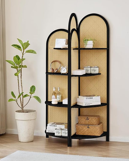 Corner Shelf Stand 4-Tier 70" Corner Shelves Display Shelf Pine Wood Frame with Rattan Wall Corner Bookshelf Multi Unit Organizer Rack with Legs for Living Room Decor,Small Space (Black)