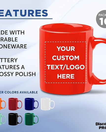 Custom Ceramic Coffee Mugs 11 oz. Set of 10, Personalized Bulk Pack - Coffee cup set, Iced coffee cup, Gaming mug - Red