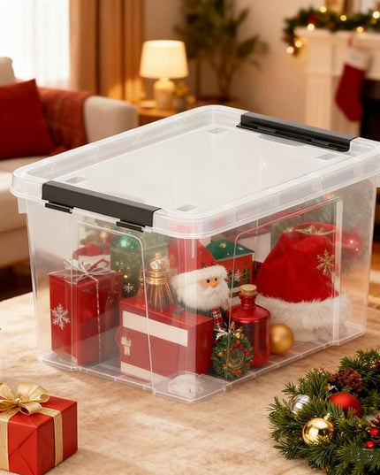 Zopnny 4-Pack Christmas Storage Totes with Lids 24-Quart, Holiday Organizer, Plastic Stackable Storage Boxes for Home,Office,Garage,Basement, Clear