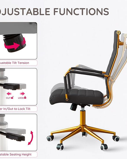 Livinia Modern Executive Office Desk Chair, Chrome & Leather Conference Room Swivel Chairs with Ribbed High Back, Adjustable Height, Removable Armrest, and Wheels for Home Office (Black(Gold))