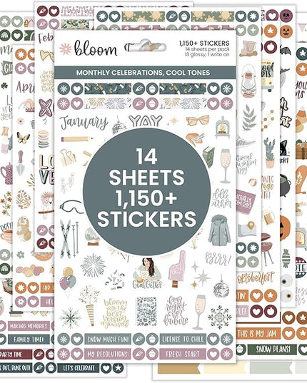bloom daily planners Monthly Celebrations Planner Stickers for Calendar Decorating, Planning, Scrapbooking - Holiday, Seasonal, & General Events (14 Sheets, 1,150+ Stickers per Pack) - Cool Tones