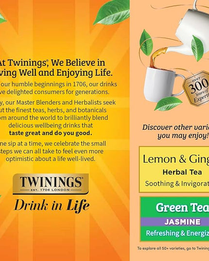 Twinings Peach & Orange Herbal Tea Individually Wrapped Bags, 100 Count (Pack of 1), Juicy & Fruity, Naturally Caffeine-Free, Enjoy Hot or Iced, 100 Teabags