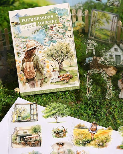 MiyouLuna Seasons Journey Pre-Cut PET Sticker Set, 80 Sheets of Seasonal Travel-Themed Stickers for Scrapbooking, Journaling, DIY Crafts, and Junk Journal Ephemera