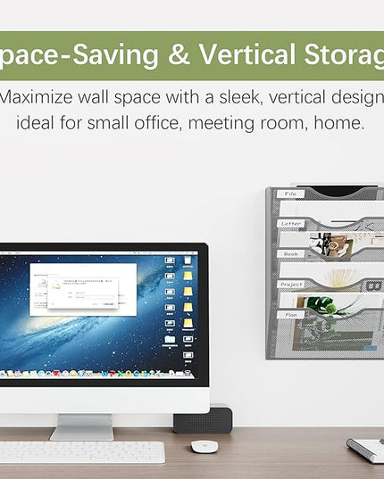 EasyPAG Hanging Wall File Organizer, 5 Pocket Wall Mounted Mail Organizer, Vertical Document Folder Holder with Nametag Label, Space Saving Paper Storage Magazine Rack for Office Home School, Silver