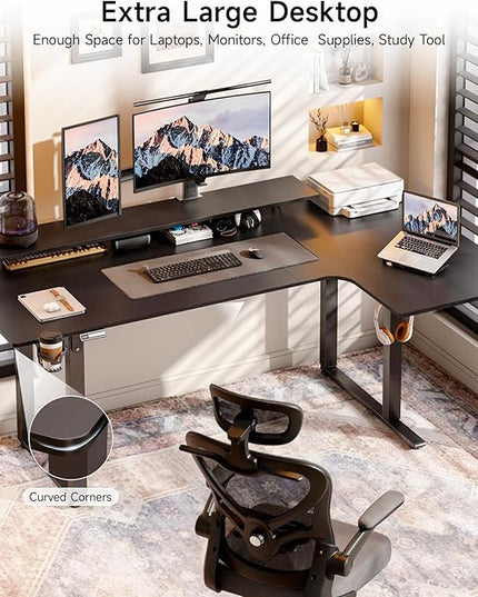 L Shaped Standing Desk, 71x43'' Electric L Stand Up Desk with 2 Adjustable Monitor Shelves, Dual Motor and Memory Controller, Adjustable Height from 28-46'' for Home and Computer Workstation, Black