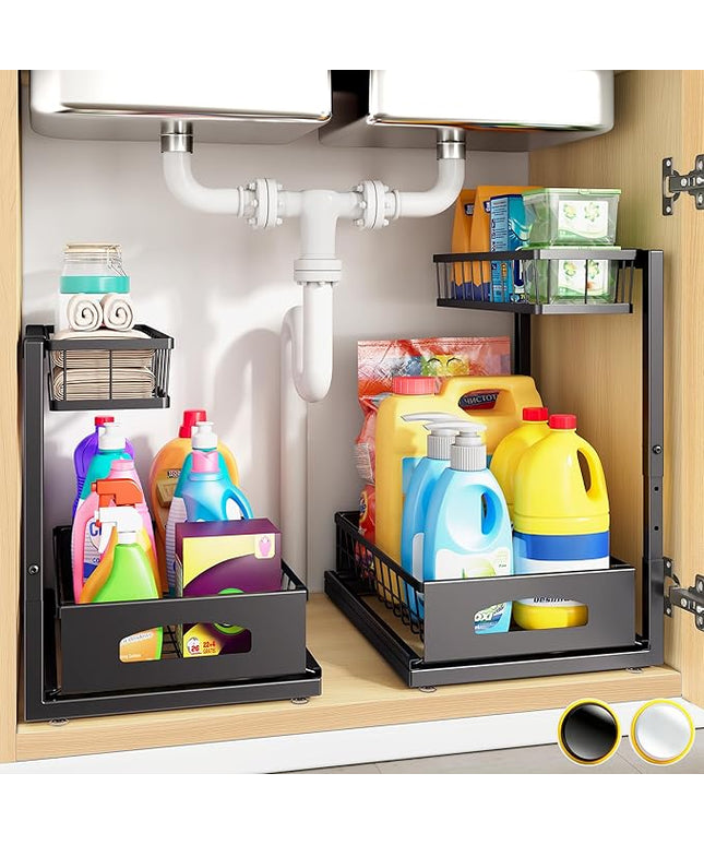 Under Sink Organizer , 2 Pack Height Adjustable Cabinet Organizer with Slide Out Drawer, Pull Out Under Sink Storage, Multi-Purpose 2 Tier Sink Shelves for Kitchen Bathroom Pantry (Black, 2 Pack)