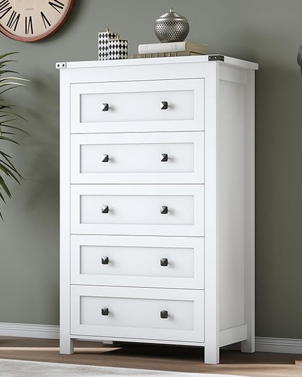 BORNOON Tall 5-Drawer Dresser, Modern Wooden Storage Chest of Drawers, Dresser TV Stand, Wood Drawer Organizer with Metal Handles for Bedroom, Living Room, Hallway