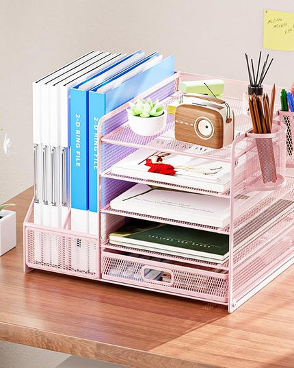 Marbrasse Desk Organizer with File Holder, 5-Tier Paper Letter Tray Organizer with Drawer and 2 Pen Holder, Mesh Desktop Organizer and Storage with Magazine Holder for Office Supplies(Pink)