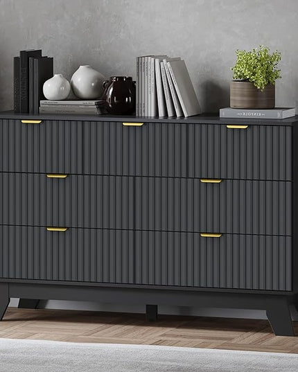 BORNOON Fluted 7 Drawer Dresser, 47.2" Wide Modern Boho Chest of Drawers, Wooden Storage Dresser TV Stand for Bedroom, Living Room, Closet, Hallway, Curved Profile Design