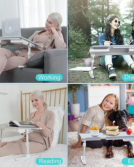 Laptop Bed Tray Desk, Foldable and Adjustable Lap Table with Heights and Angles, Upgraded-Sturdy Laptop Lap Desk for Bed/Sofa/Couch/Floor (2 Drawers, X-Large, Grey)