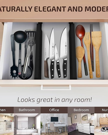 6 Pack Bamboo Drawer Dividers - 17" to 21.5" Expandable Adjustable Drawer Organizer for Kitchen Utensils, Large Drawer Divider, Clothes, Dresser, Bedroom, Bathroom, Desk Drawer Separator Set (Black)