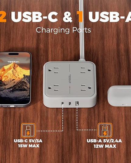 TESSAN Surge Protector Power Strip with 3 USB (2 USB C) 4 Outlets, Flat Plug Extension Cord 5 Ft, 900J Surge Protection, Multiple Charging Station with Power Switch for Home, Office, Dorm Room, Gray
