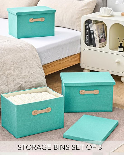 Enzk&Unity Decorative Storage Bins with Lids, Fabric Linen Foldable Storage Box with Handle Home Organizer for Shelf, Closet, Bedroom, Living Room, Office, 3 Packs, Teal