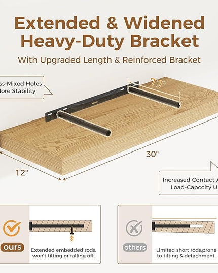 Floating Shelves 30 Inch Long, 12 Inch Deep Floating Shelf for Books, Rustic Wood 30 x 12 Storage Shelves for Wall Storage & Display, Thicked Wall Shelf for Kitchen, Living Room, Oak Color, 1 Pack