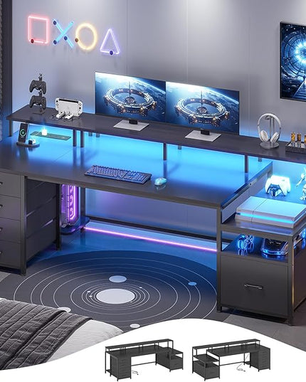 SEDETA 75'' Computer Desk with 5 Drawer, Power Outlet & Led Lights, Home Office Desk with File Drawer, Storage Shelves, Printer Cabinet and Monitor Shelf, 23.6" W Large Desktop Gaming Desk, Black