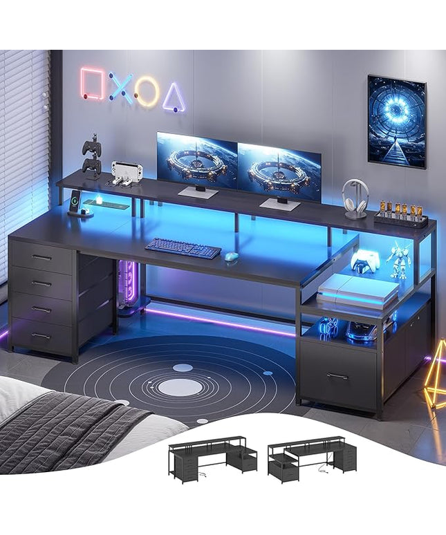 SEDETA 75'' Computer Desk with 5 Drawer, Power Outlet & Led Lights, Home Office Desk with File Drawer, Storage Shelves, Printer Cabinet and Monitor Shelf, 23.6" W Large Desktop Gaming Desk, Black