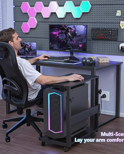 Computer Tower Stand with LED Light Strip,Mobile Rolling CPU Holder,Height Adjustable PC Tower Stand with Charging Station for Office Home (Black)