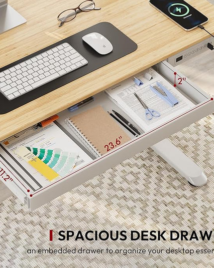 Standing Desk with Drawer, Electric Height Adjustable Home Office Desk with Storage & USB Ports, 48 inch Bamboo Texture Tabletop/White Frame
