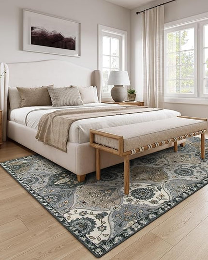 Lahome Moroccan Washable Living Room Rug, 5x8 Rugs for Bedroom Dining Room, Soft Non-Slip Non Shedding Boho Distressed Throw Carpet for Nursery Office, Grey