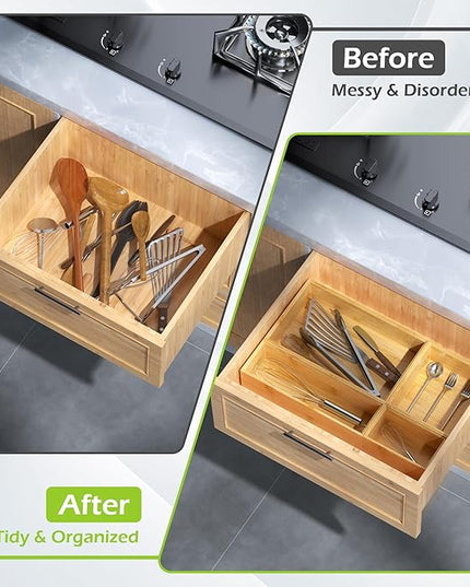 Bathroom Drawer Organizer Trays, Bamboo Silverware Drawer Organizer Kitchen Utensils, 8 PCS Wood Box Stackable Bins for Makeup, Office Desk, Vanity, Junk Drawer