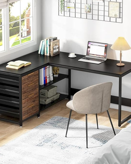 Tribesigns L Shaped Computer Desk with Storage Drawers, 59 inch Corner Desk with Shelves, Reversible L-Shaped Office Desk Study Writing Table Workstation for Home Office, Black