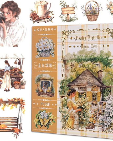YagCu Garden Journal Sticker Book, 50 Sheets Washi Junk Journaling Sticker, Scrapbook Supplies, Watercolor Scrapbooking for Adults, Yellow Decorative Ephemera Arts Craft