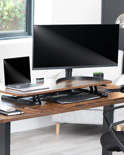 VIVO 42 inch Desk Converter, K Series, Height Adjustable Sit to Stand Riser, Dual Monitor and Laptop Workstation with Wide Keyboard Tray, Rustic Vintage Brown Top, Black Frame, DESK-V042KN