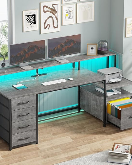 SEDETA Home Office Desk with File Drawer & Power Outlet, 66'' Computer Desk with 5 Drawer, Storage Shelves, Printer Cabinet and Monitor Shelf, Gaming Desk with Led Lights, Grey