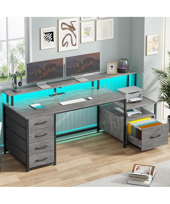 SEDETA Home Office Desk with File Drawer & Power Outlet, 66'' Computer Desk with 5 Drawer, Storage Shelves, Printer Cabinet and Monitor Shelf, Gaming Desk with Led Lights, Grey