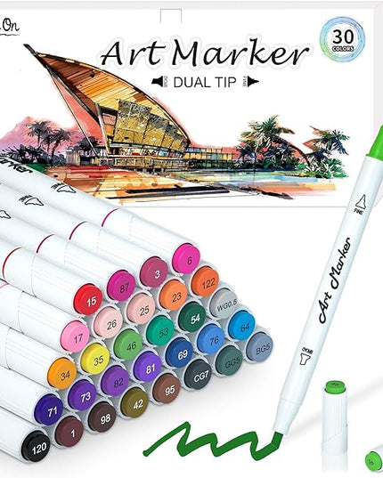 Dual Tip Alcohol Based Art Markers, Lineon 30 Colors Alcohol Marker Pens Perfect for Kids Adult Coloring Books Sketching and Card Making