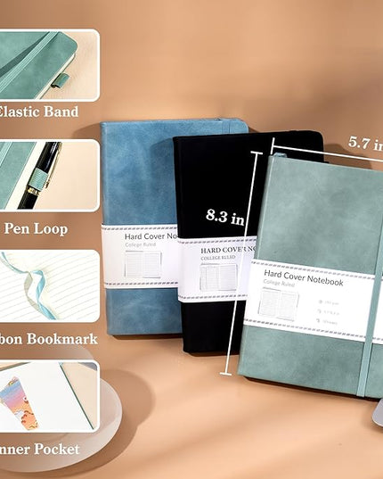 CAGIE 3 Pack Journals Notebooks for Women Men Thick Lined Journaling Notebooks A5 Leather Journals for Writing Hardcover Journal Supplies Diary, Green& Black& Blue