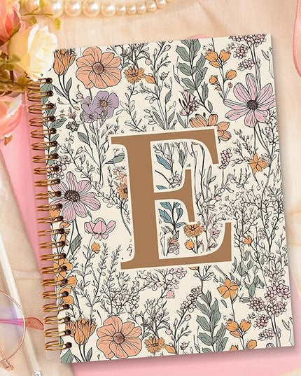 JXREQ Vintage Boho Floral Personalized Notebook, Initial Letter E Notebook Journal, Monogram Notebook, Monogrammed Gifts for Women, Boho Office Supplies, Flower Spiral Notebook 5.5x8.3