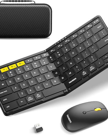 Foldable Keyboard and Mouse, Samsers KM08 Folding Bluetooth Keyboard Mouse Combo, 2.4G + BT5.0 x 2, Full-Size Portable Travel Keyboard & Rechargeable Wireless Mouse for iOS Android Windows Mac OS
