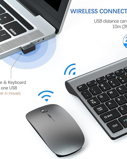Wireless Keyboard and Mouse Ultra Slim Combo, TopMate 2.4G Silent Compact USB 2400DPI Mouse and Scissor Switch Keyboard Set with Cover, Batteries Included, for PC/Laptop/Windows/Mac - Gray Black