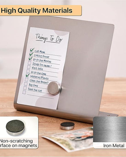 Magnetic Bulletin Board with Stand – Small Dry Erase Memo Board – Tabletop Metal Easel for Magnet Display – Mini Home Decor – 8x8 Inches + 2 Magnets