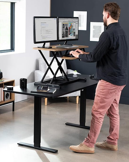 VIVO 36 inch Desk Converter, K Series, Height Adjustable Sit to Stand Riser, Dual Monitor and Laptop Workstation with Wide Keyboard Tray, Reclaimed Wood Top, Black Frame, DESK-V036KP