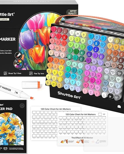 Shuttle Art 121 Colors Alcohol Markers, 120 Colors Dual Tip Art Marker Set Plus 1 Colorless Blender with Marker Case Perfect for Illustration Students Adult Coloring Sketching