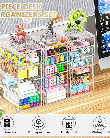 Acrylic 3 Pack Desk Organizers and Accessories, Makeup Organizer Storage With 15 Drawers, Desk Organizers, Dustproof Drawer Organizer and Storage for Make Up, Jewelry, DIY Pen